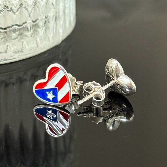 Puerto Rico Flag Heart Earrings S925 Sterling Silver Stud Earrings Handmade - Picture 2 of 6